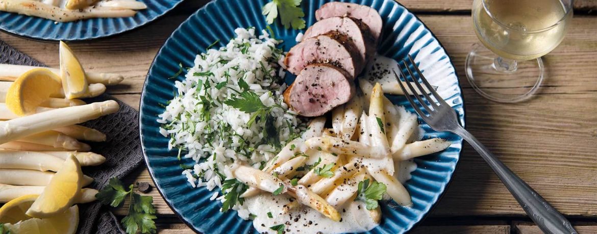 Schweinefilet mit cremigem Spargelgemüse und Reis für 4 Personen von lidl-kochen.de