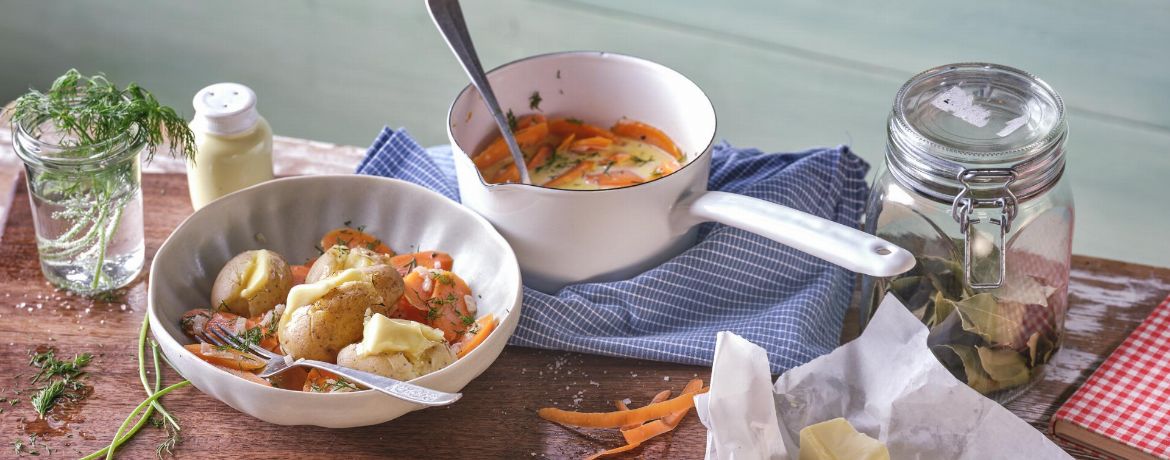 Cremige Karotten mit Sahne-Dill-Sauce und kleinen Quetsch-Kartoffeln für 4 Personen von lidl-kochen.de