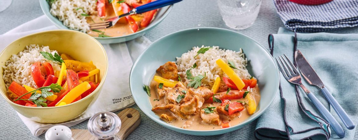 Cremige vegane Paprika-Chicken-Chunk-Pfanne mit Reis für 4 Personen von lidl-kochen.de