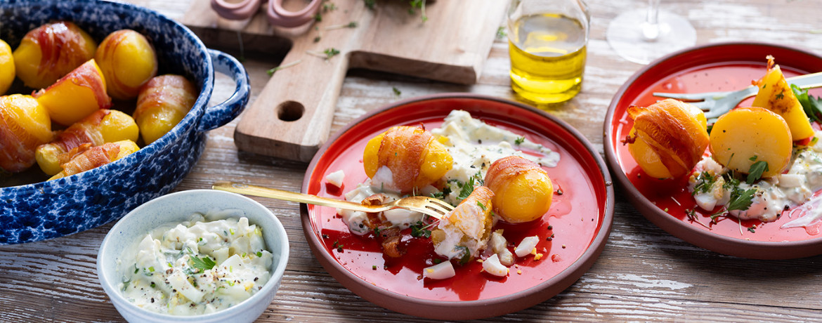 Speck-Kartoffeln mit Kräuter-Ei-Dip für 4 Personen von lidl-kochen.de