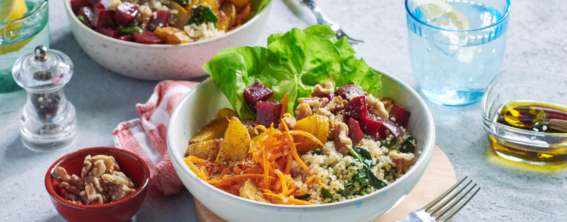 Quinoa-Bowl mit Kartoffelwürfeln aus der Heißluftfritteuse und Agaven-Balsamico-Dressing für 4 Personen von lidl-kochen.de